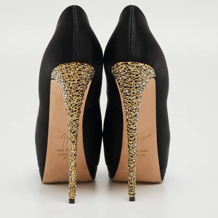 Pre Owned Giuseppe Zanotti Black Satin Platform Peep Toe Pumps Size 37 