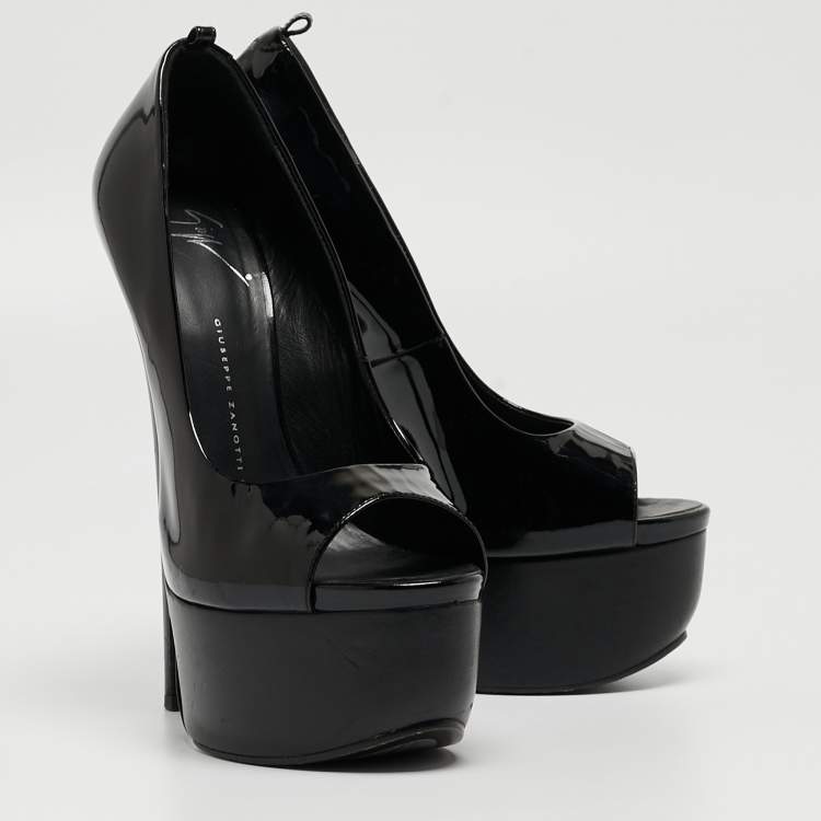 Pre Owned Giuseppe Zanotti Black Patent Leather Peep Toe Platform Pumps Size 37