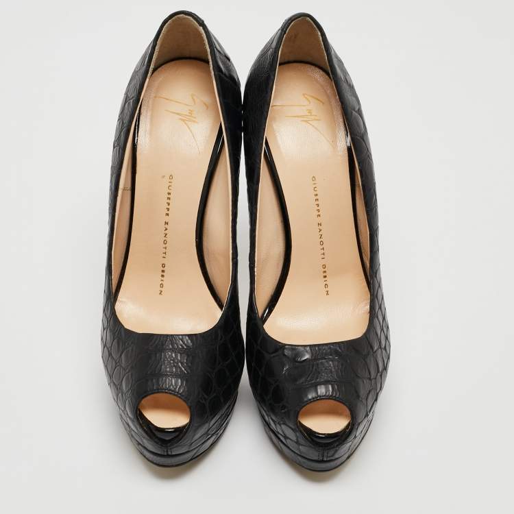 Pre Owned Giuseppe Zanotti Black Croc Embossed Leather Peep Toe Platform Pumps Size 37.5