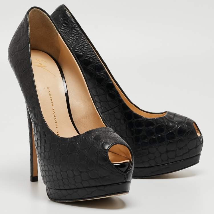 Pre Owned Giuseppe Zanotti Black Croc Embossed Leather Peep Toe Platform Pumps Size 37.5