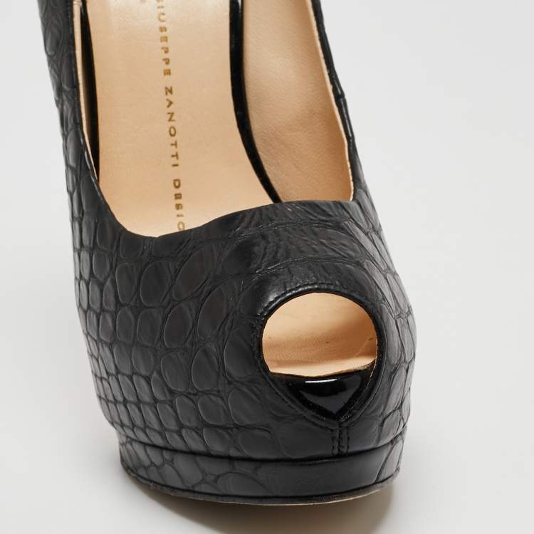Pre Owned Giuseppe Zanotti Black Croc Embossed Leather Peep Toe Platform Pumps Size 37.5
