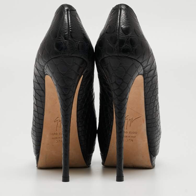 Pre Owned Giuseppe Zanotti Black Croc Embossed Leather Peep Toe Platform Pumps Size 37.5