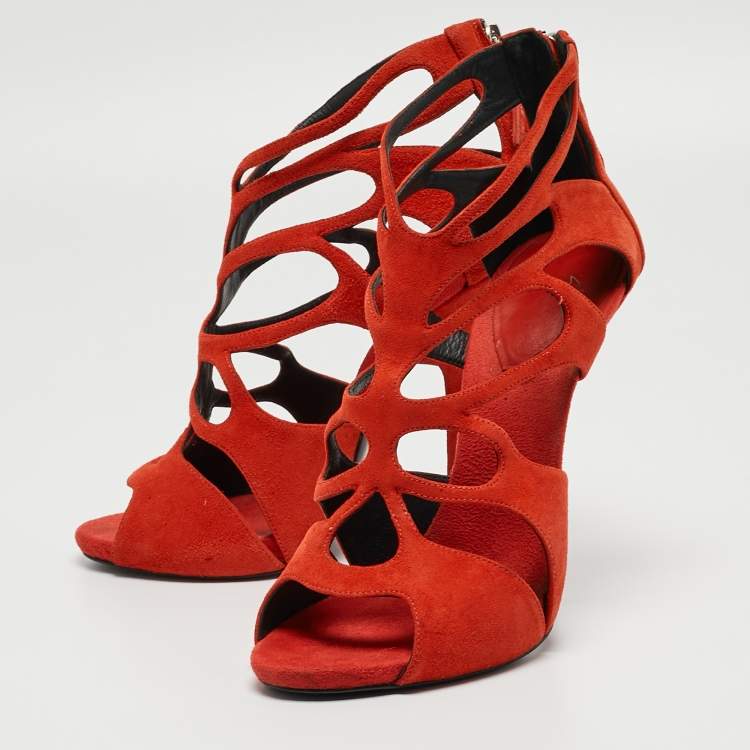Pre Owned Giuseppe Zanotti Rust Orange Suede Cut Out Cage Sandals Size 40.5