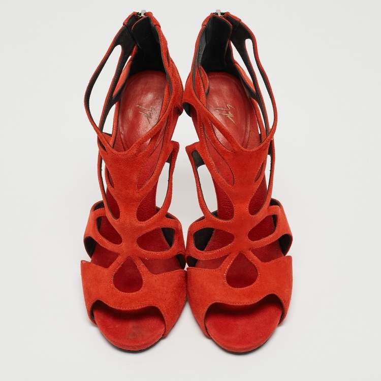 Pre Owned Giuseppe Zanotti Rust Orange Suede Cut Out Cage Sandals Size 40.5