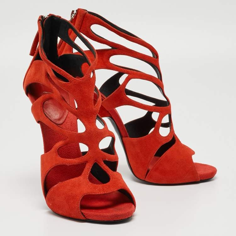 Pre Owned Giuseppe Zanotti Rust Orange Suede Cut Out Cage Sandals Size 40.5