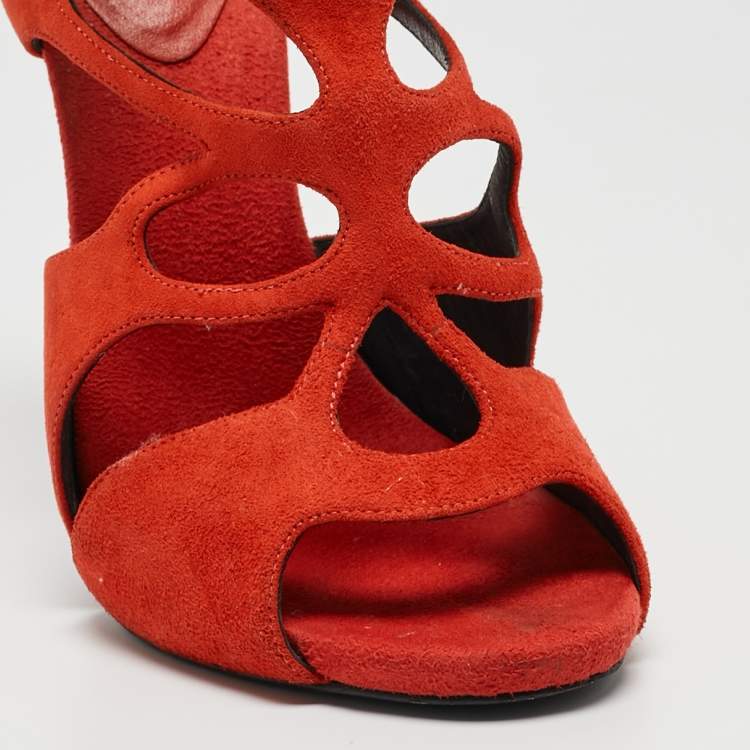 Pre Owned Giuseppe Zanotti Rust Orange Suede Cut Out Cage Sandals Size 40.5