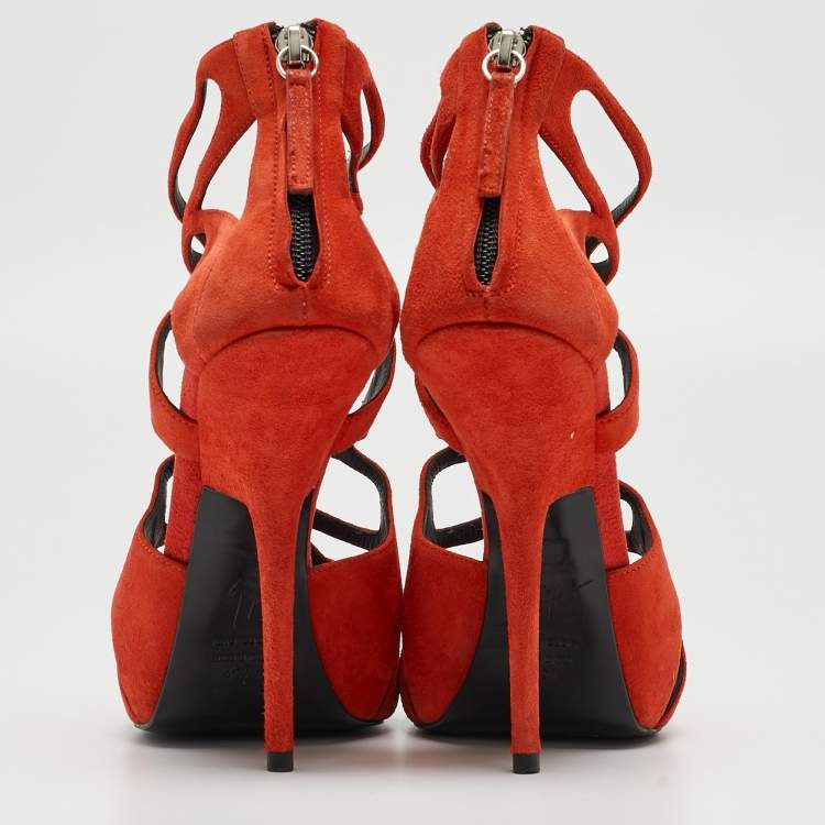 Pre Owned Giuseppe Zanotti Rust Orange Suede Cut Out Cage Sandals Size 40.5