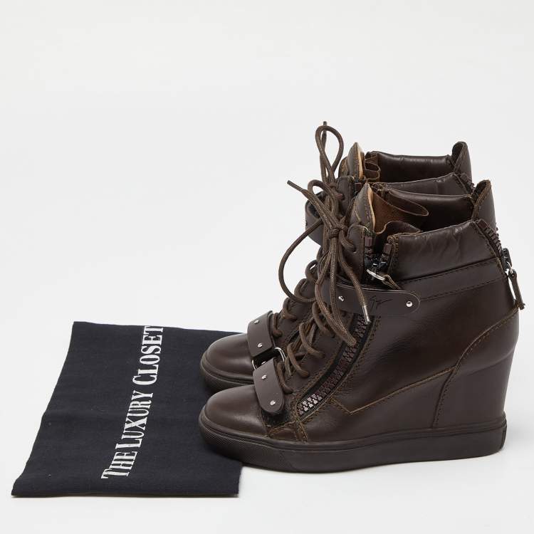 Pre Owned Giuseppe Zanotti Brown Leather Coby Wedge Sneakers Size 36