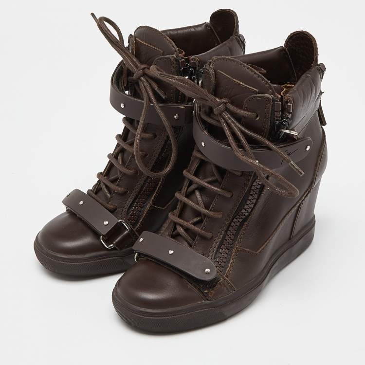 Pre Owned Giuseppe Zanotti Brown Leather Coby Wedge Sneakers Size 36