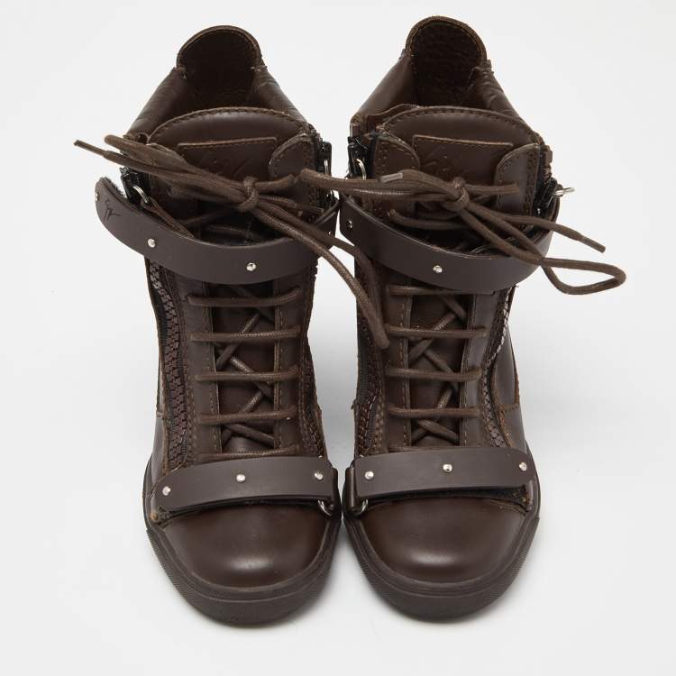Pre Owned Giuseppe Zanotti Brown Leather Coby Wedge Sneakers Size 36