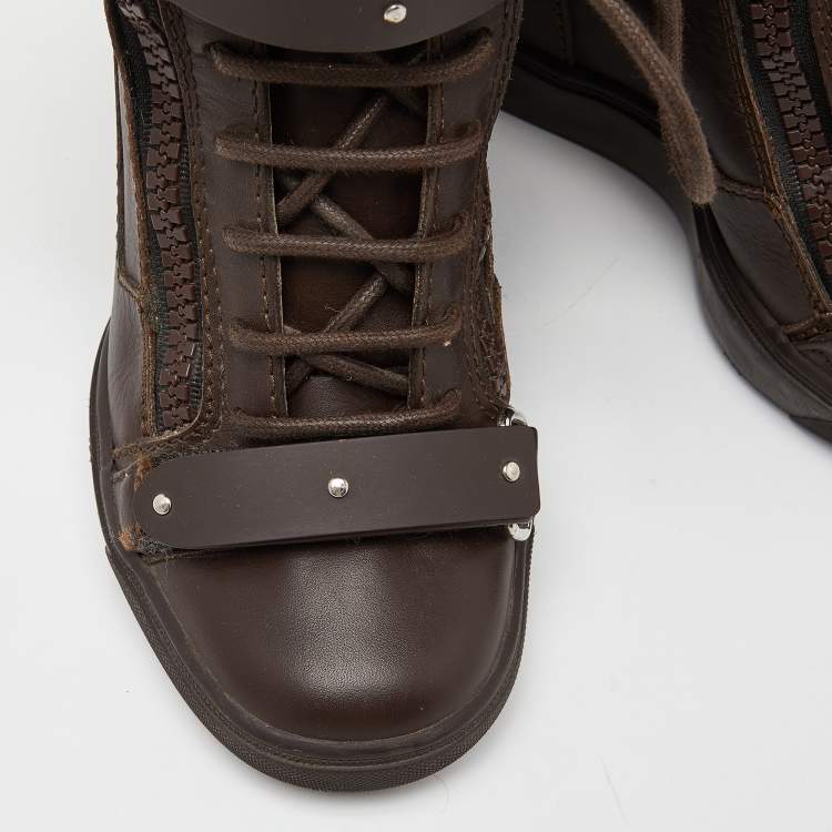 Pre Owned Giuseppe Zanotti Brown Leather Coby Wedge Sneakers Size 36