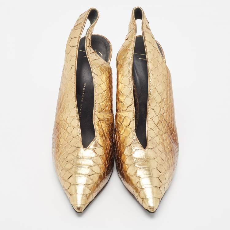 Pre Owned Giuseppe Zanotti Metallic Golden Python Embossed Leather Slingback Pumps Size 39