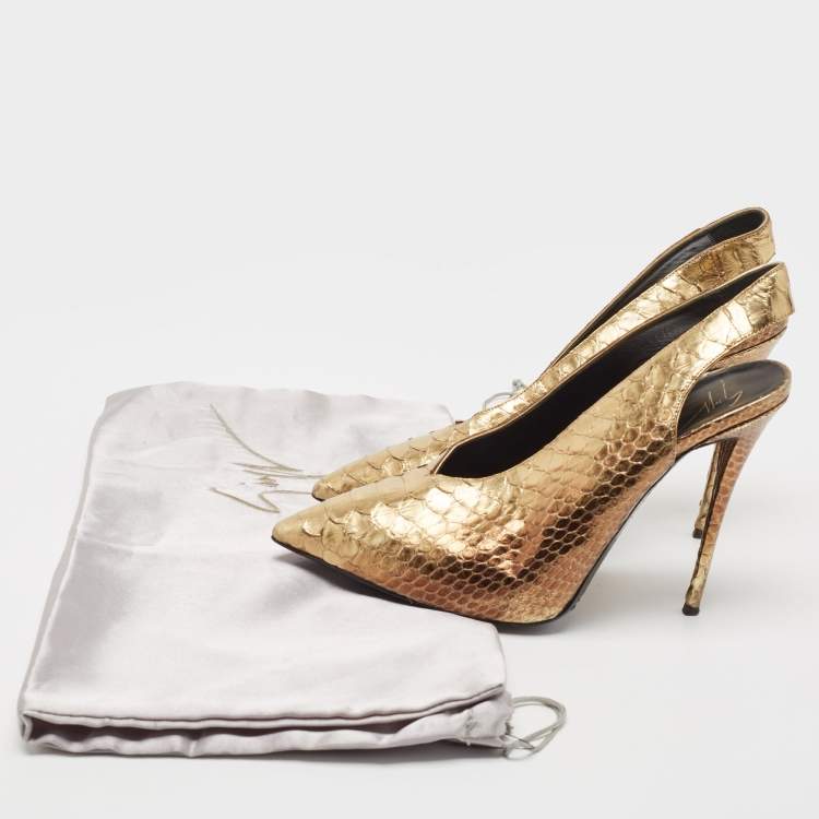 Pre Owned Giuseppe Zanotti Metallic Golden Python Embossed Leather Slingback Pumps Size 39