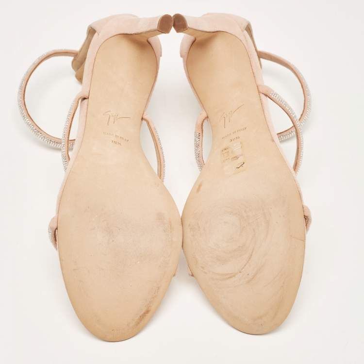 Pre Owned Giuseppe Zanotti Beige Suede Rhinestone Harmony Sandals Size 38.5