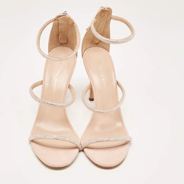 Pre Owned Giuseppe Zanotti Beige Suede Rhinestone Harmony Sandals Size 38.5