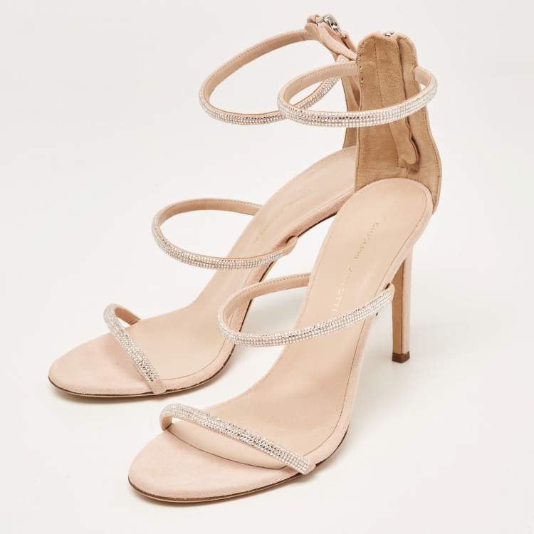 Pre Owned Giuseppe Zanotti Beige Suede Rhinestone Harmony Sandals Size 38.5