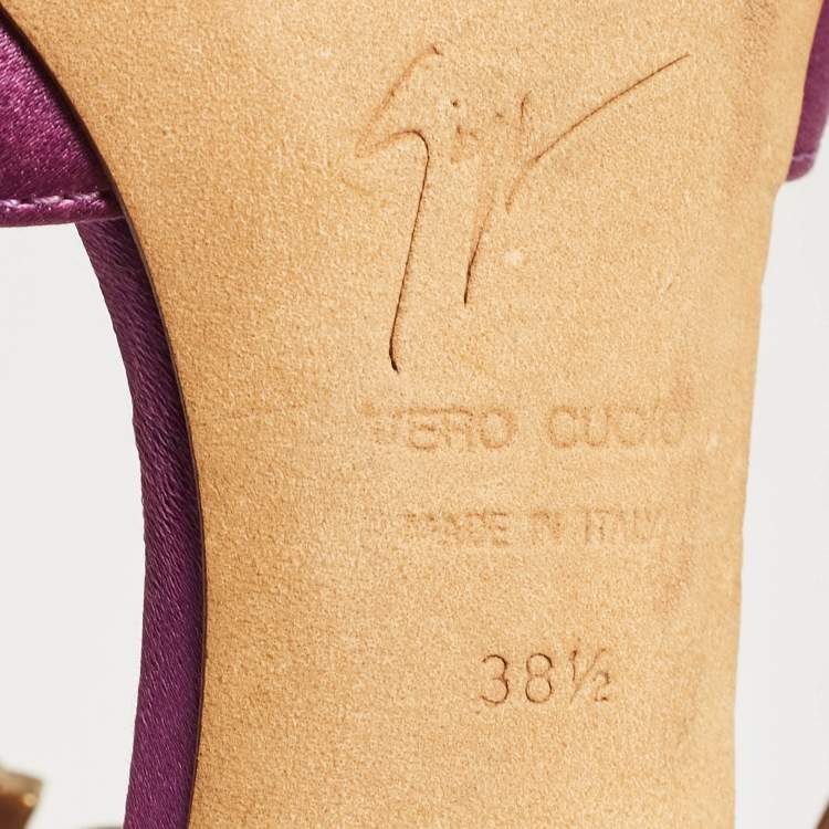 Pre Owned Giuseppe Zanotti Purple Satin Crystal Embellished T-Bar Ankle Strap Sandals Size 38.5