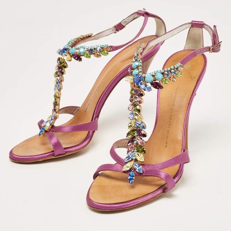 Pre Owned Giuseppe Zanotti Purple Satin Crystal Embellished T-Bar Ankle Strap Sandals Size 38.5