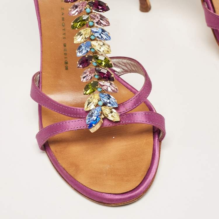 Pre Owned Giuseppe Zanotti Purple Satin Crystal Embellished T-Bar Ankle Strap Sandals Size 38.5