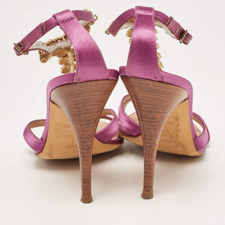 Pre Owned Giuseppe Zanotti Purple Satin Crystal Embellished T-Bar Ankle Strap Sandals Size 38.5