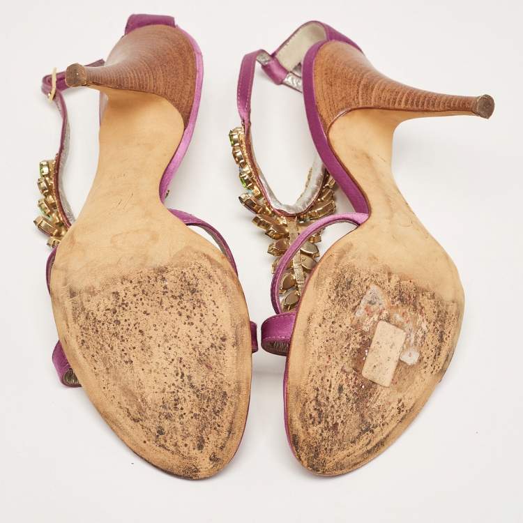 Pre Owned Giuseppe Zanotti Purple Satin Crystal Embellished T-Bar Ankle Strap Sandals Size 38.5