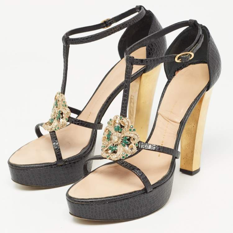 Pre Owned Giuseppe Zanotti Black Croc Embossed Embellished Ankle Strap Sandals Size 39.5