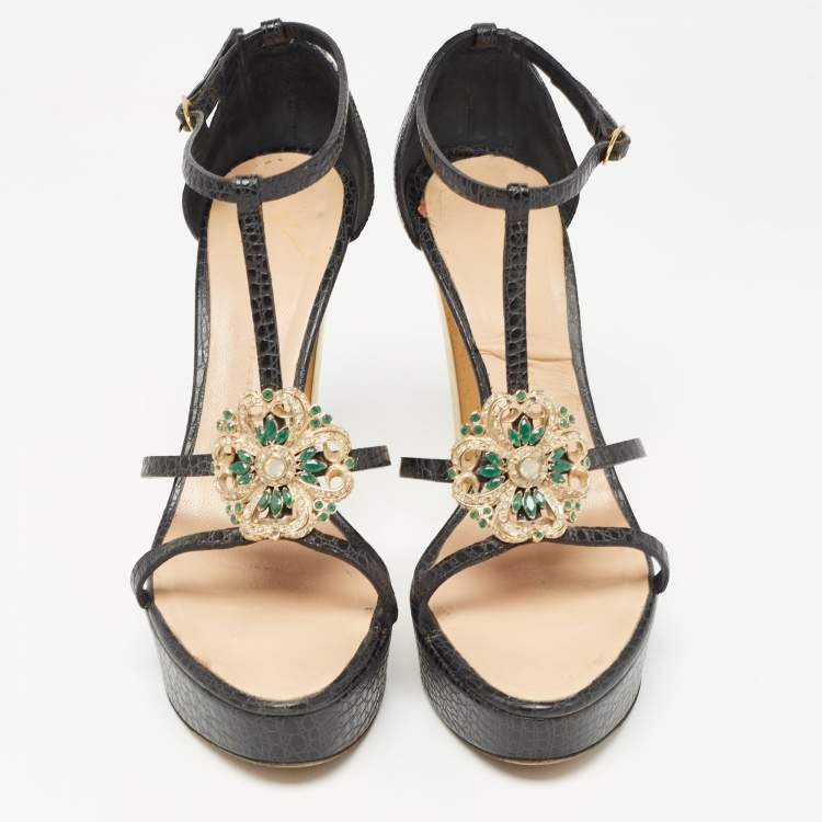 Pre Owned Giuseppe Zanotti Black Croc Embossed Embellished Ankle Strap Sandals Size 39.5