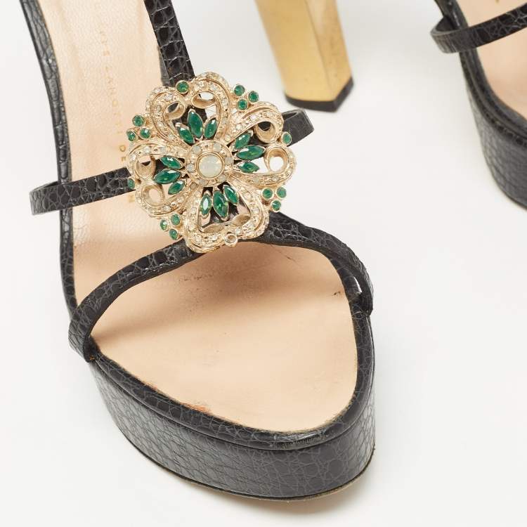 Pre Owned Giuseppe Zanotti Black Croc Embossed Embellished Ankle Strap Sandals Size 39.5