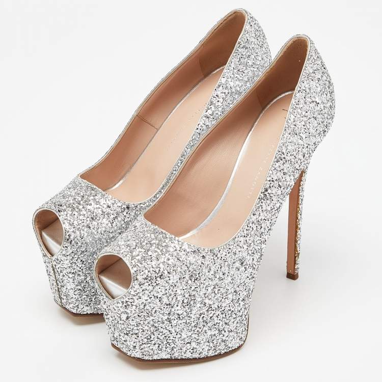 Giuseppe Zanotti Silver Coarse Glitter Sharon Peep Toe