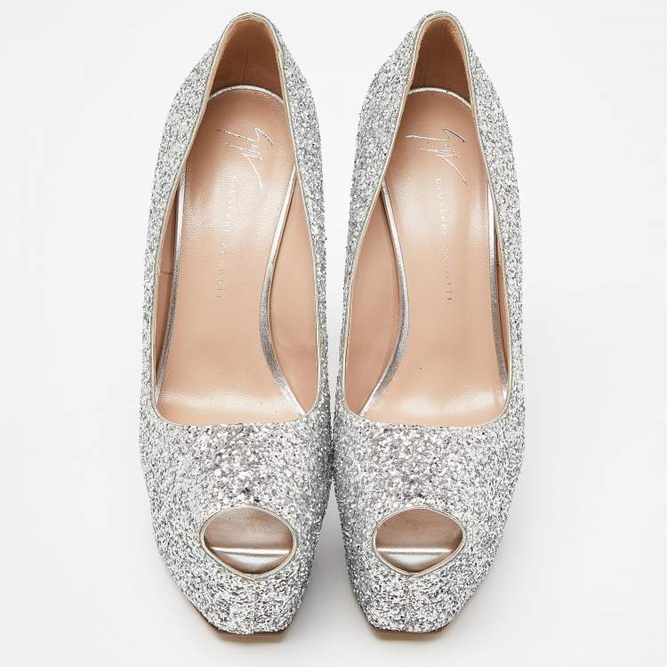 Pre Owned Giuseppe Zanotti Silver Coarse Glitter Sharon Peep Toe Platform Pumps Size 37