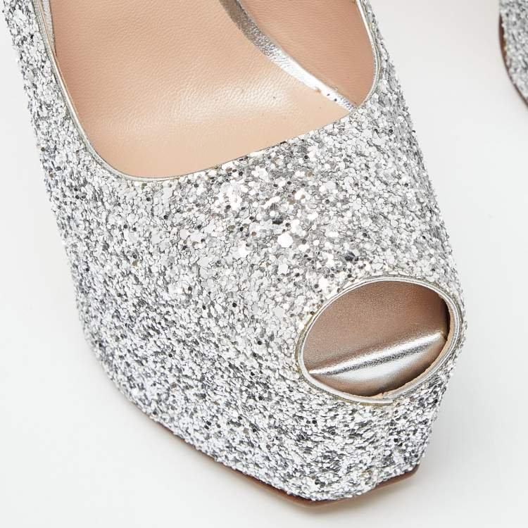 Pre Owned Giuseppe Zanotti Silver Coarse Glitter Sharon Peep Toe Platform Pumps Size 37