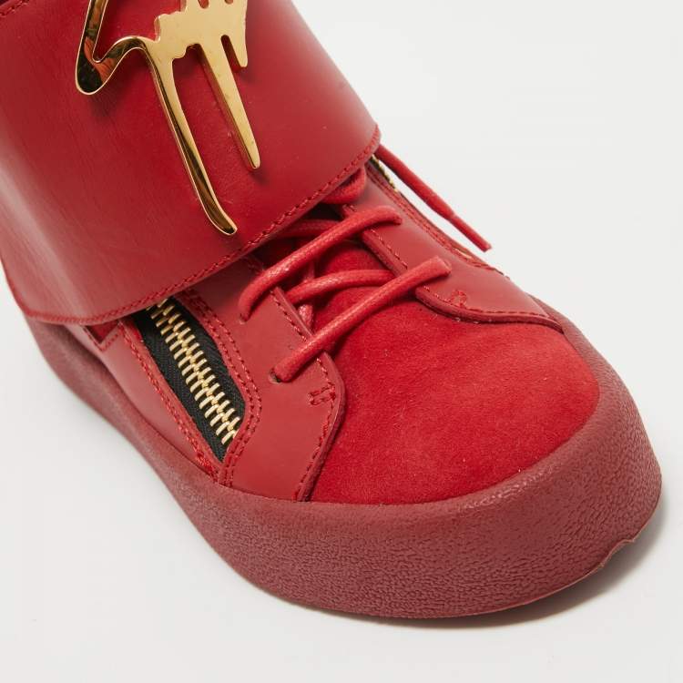 Pre Owned Giuseppe Zanotti Red Suede And Leather Double Zip High Top Sneakers Size 36