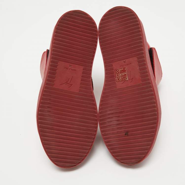 Pre Owned Giuseppe Zanotti Red Suede And Leather Double Zip High Top Sneakers Size 36