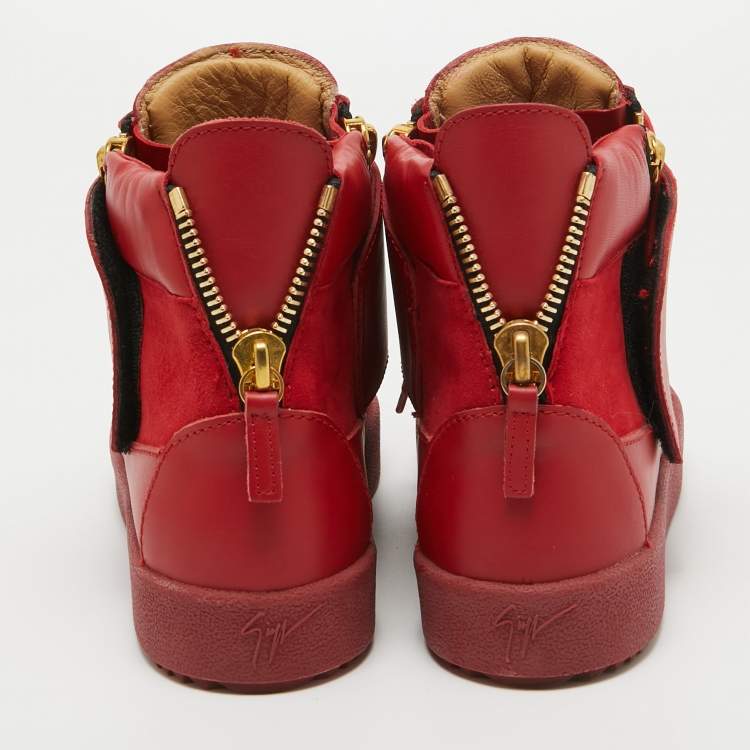 Pre Owned Giuseppe Zanotti Red Suede And Leather Double Zip High Top Sneakers Size 36