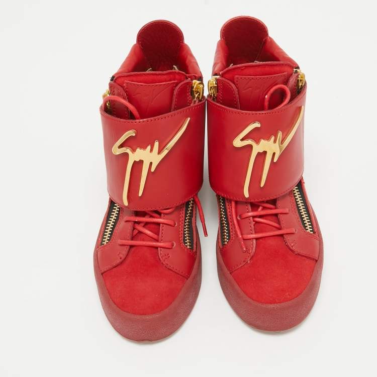 Pre Owned Giuseppe Zanotti Red Suede And Leather Double Zip High Top Sneakers Size 36