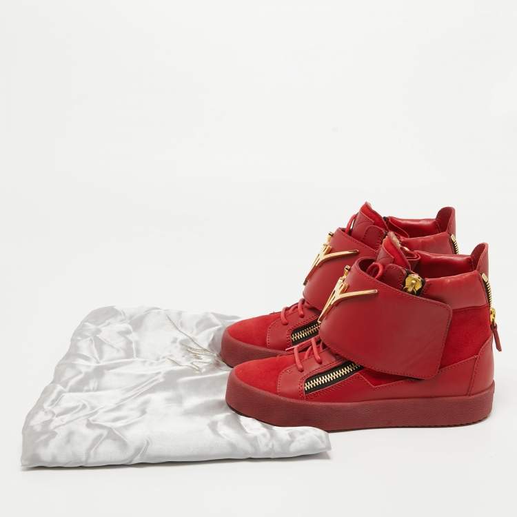 Pre Owned Giuseppe Zanotti Red Suede And Leather Double Zip High Top Sneakers Size 36