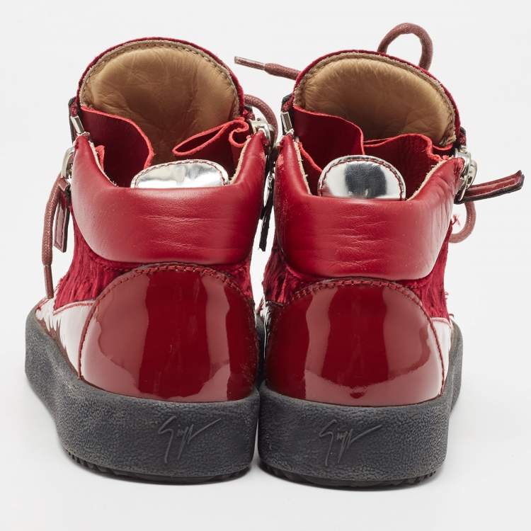 Pre Owned Giuseppe Zanotti Burgundy Velvet and Patent Frankie High Top Sneakers Size 37