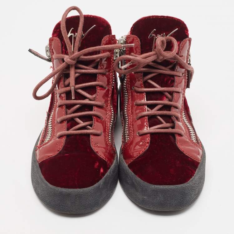 Pre Owned Giuseppe Zanotti Burgundy Velvet and Patent Frankie High Top Sneakers Size 37
