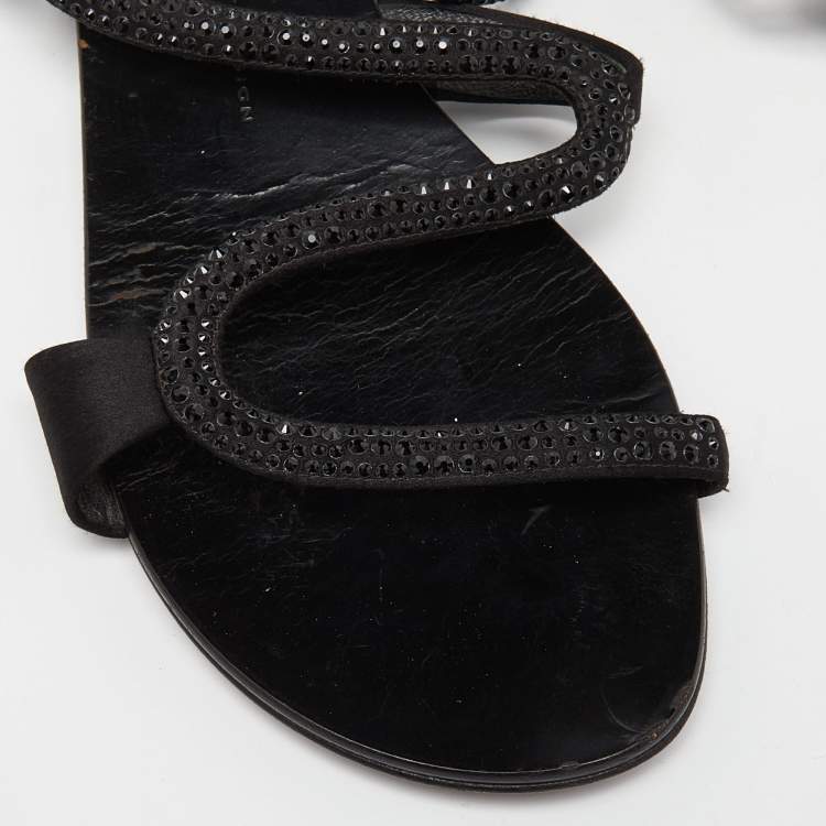 Pre Owned Giuseppe Zanotti Black Satin Crystal Embellished Flat Slides Size 41