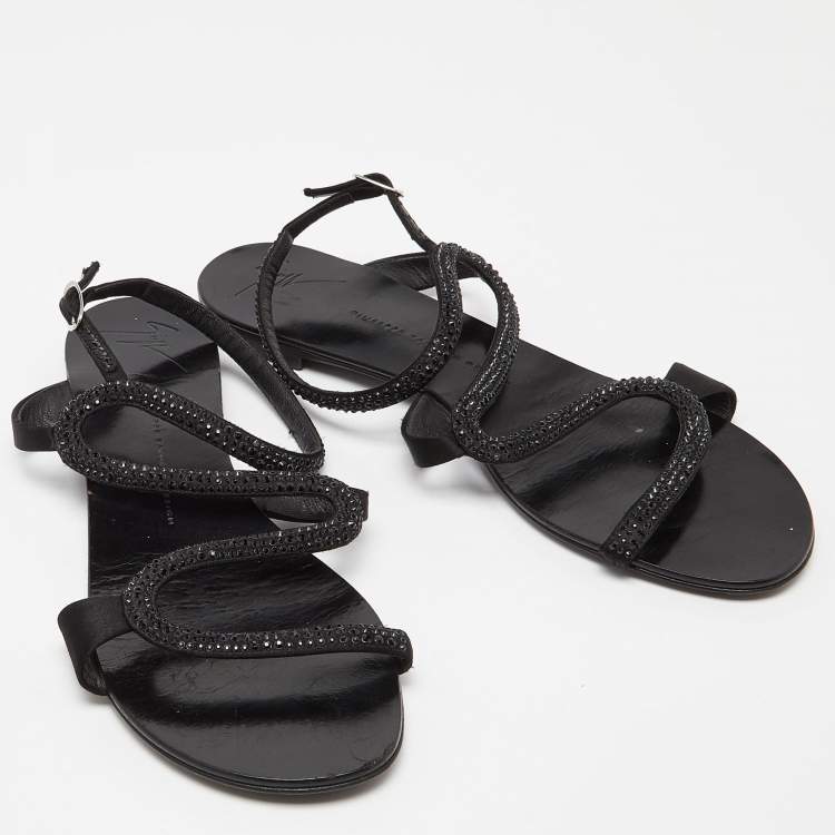 Pre Owned Giuseppe Zanotti Black Satin Crystal Embellished Flat Slides Size 41