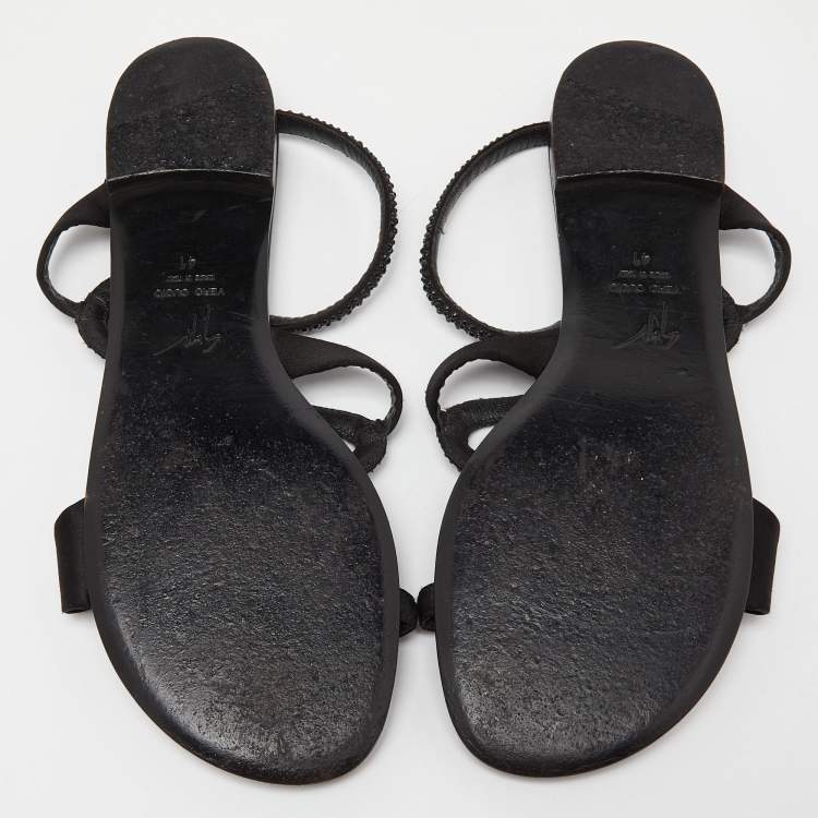 Pre Owned Giuseppe Zanotti Black Satin Crystal Embellished Flat Slides Size 41