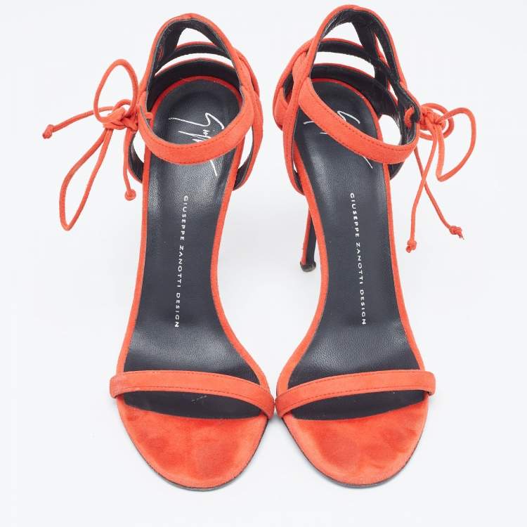 Pre Owned Giuseppe Zanotti Red Suede Ankle Strap Sandals Size 38