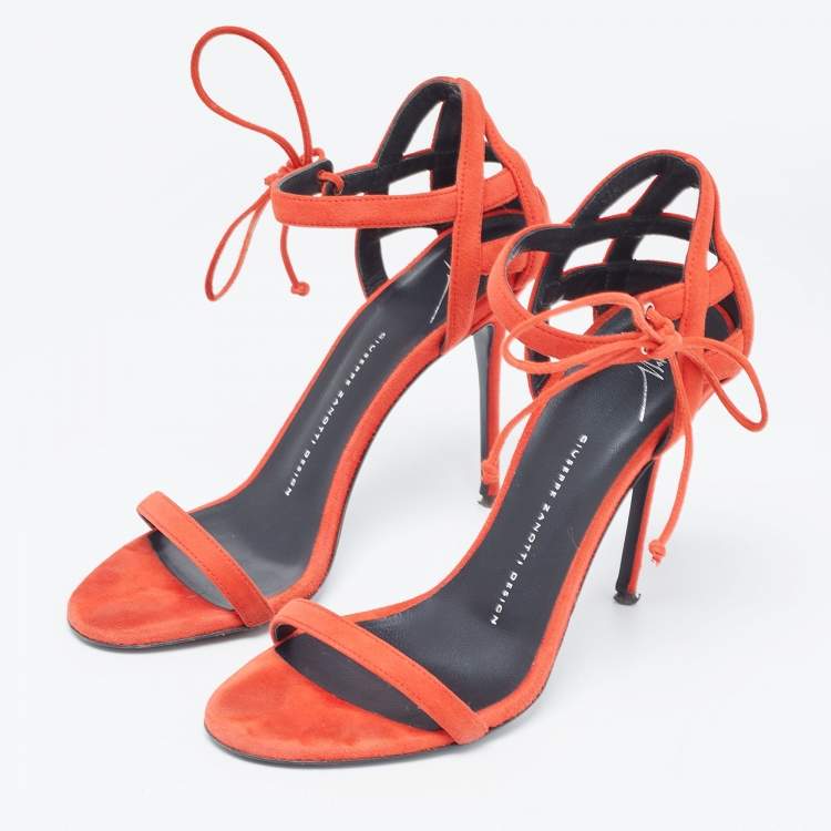 Pre Owned Giuseppe Zanotti Red Suede Ankle Strap Sandals Size 38