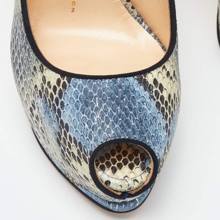 Pre Owned Giuseppe Zanotti Tricolor Embossed Python Sharon Peep Toe Pumps Size 38