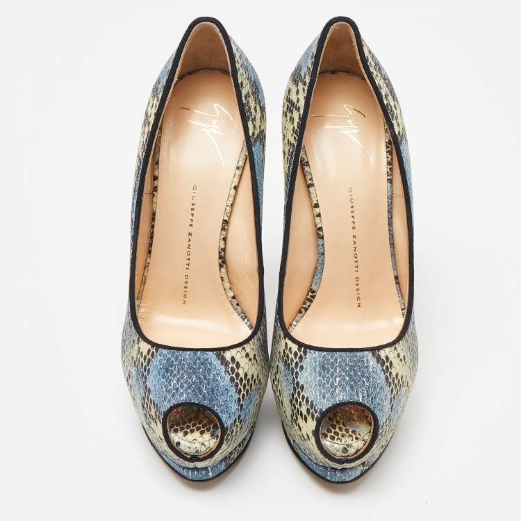 Pre Owned Giuseppe Zanotti Tricolor Embossed Python Sharon Peep Toe Pumps Size 38