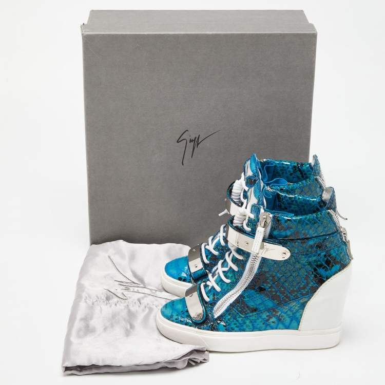 Pre Owned Giuseppe Zanotti Tricolor Embossed Python and Leather Coby Wedge Sneakers Size 37.5