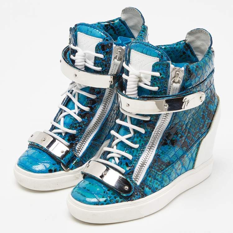 Pre Owned Giuseppe Zanotti Tricolor Embossed Python and Leather Coby Wedge Sneakers Size 37.5