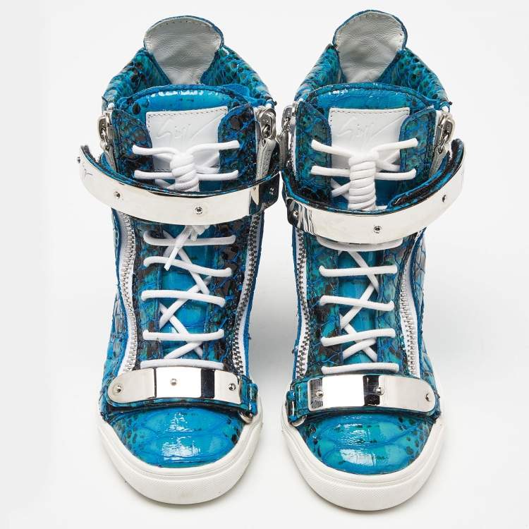 Pre Owned Giuseppe Zanotti Tricolor Embossed Python and Leather Coby Wedge Sneakers Size 37.5