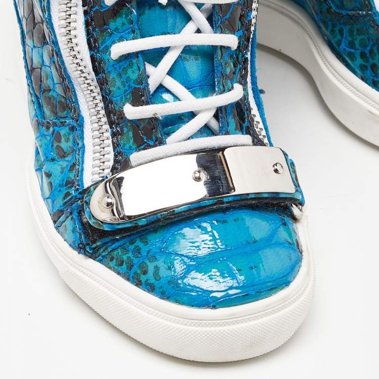 Pre Owned Giuseppe Zanotti Tricolor Embossed Python and Leather Coby Wedge Sneakers Size 37.5