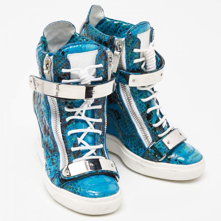 Pre Owned Giuseppe Zanotti Tricolor Embossed Python and Leather Coby Wedge Sneakers Size 37.5